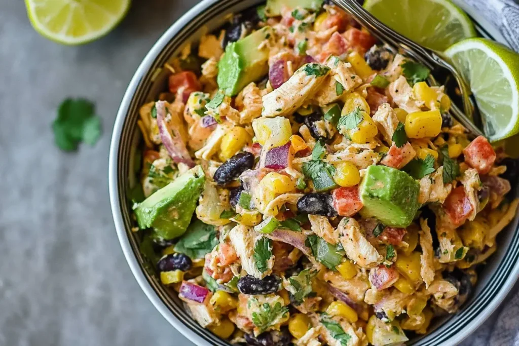 Bowl of Southwestern Chopped Chicken Salad with corn, black beans, avocado, and creamy dressing.