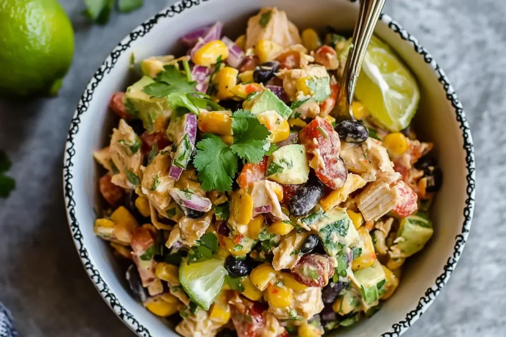 Colorful bowl of Southwestern Chopped Chicken Salad with black beans, corn, avocado, and cilantro.