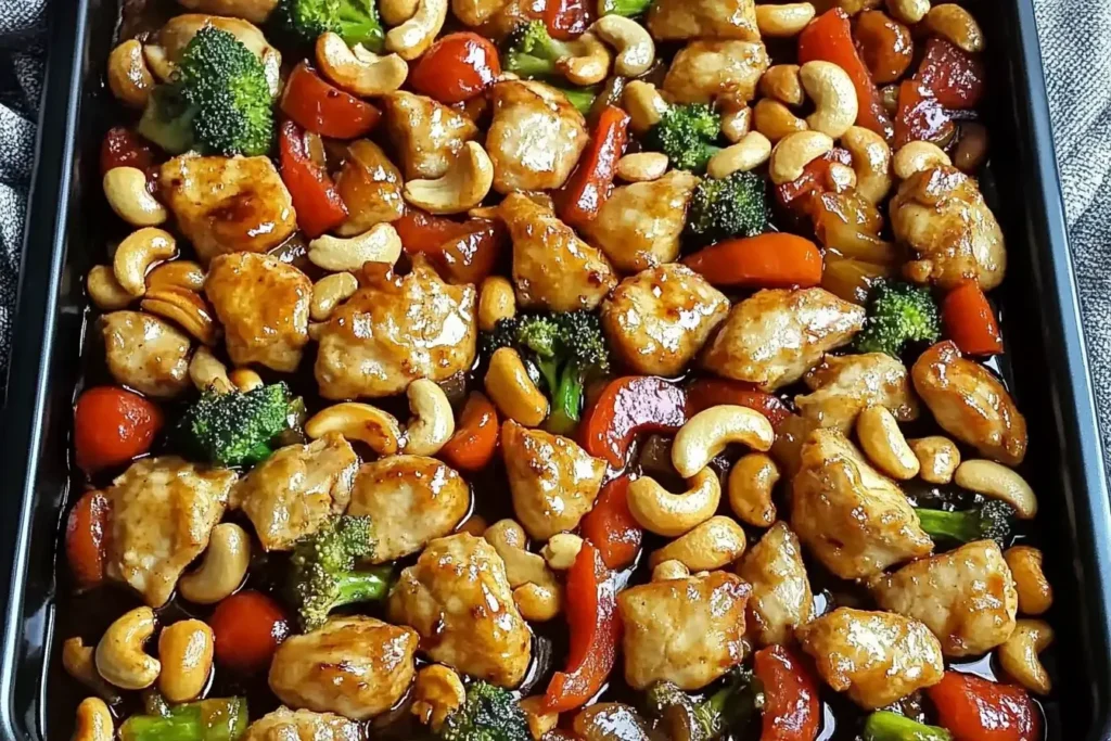Easy Sheet Pan Cashew Chicken with bell peppers, broccoli, and roasted cashews on a baking tray
