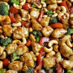 Easy Sheet Pan Cashew Chicken with bell peppers, broccoli, and roasted cashews on a baking tray