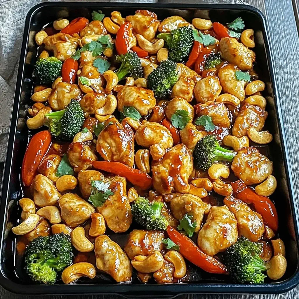 Easy Sheet Pan Cashew Chicken with broccoli, red peppers, and fresh cilantro on a black baking tray