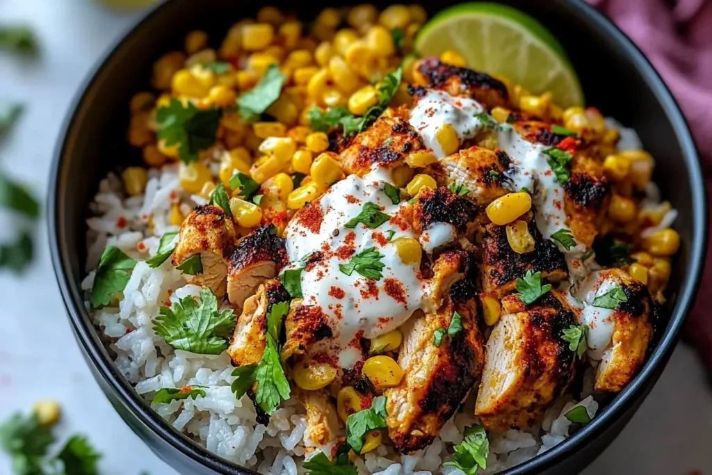 Easy Street Corn Chicken Rice Bowl with grilled chicken, corn, rice, and creamy sauce garnished with cilantro and lime