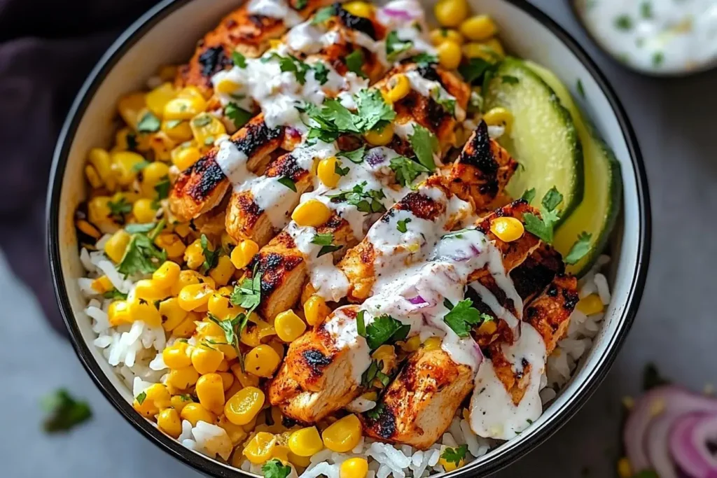 Easy Street Corn Chicken Rice Bowl with grilled chicken, corn, creamy sauce, and avocado over rice