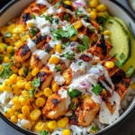 Easy Street Corn Chicken Rice Bowl with grilled chicken, corn, creamy sauce, and avocado over rice