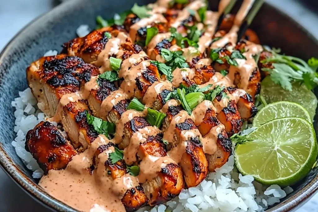 Sweet Chili Chicken Bowl with Coconut Lime Drizzle served over white rice and garnished with lime slices and fresh herbs.
