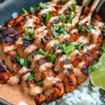 Sweet Chili Chicken Bowl with Coconut Lime Drizzle served over white rice and garnished with lime slices and fresh herbs.