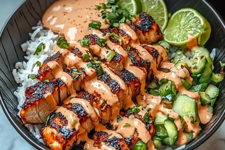 Sweet Chili Chicken Bowl with Coconut Lime Drizzle with grilled chicken, rice, and creamy drizzle, garnished with lime and fresh herbs.