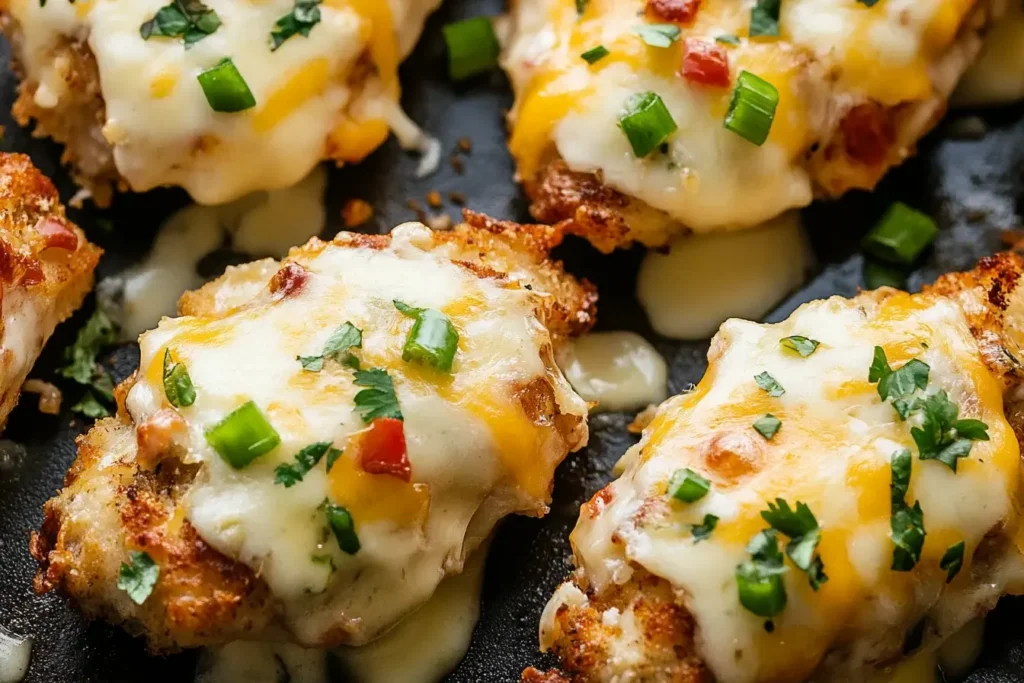 Close-up of Easy Pepper Jack Crack Chicken topped with melted cheese, bacon, and green onions on a skillet.