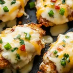 Close-up of Easy Pepper Jack Crack Chicken topped with melted cheese, bacon, and green onions on a skillet.