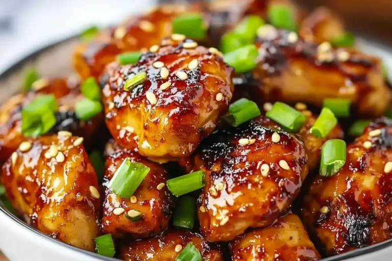 Spicy Ginger Chicken Recipe served in a bowl with sesame seeds and chopped green onions.