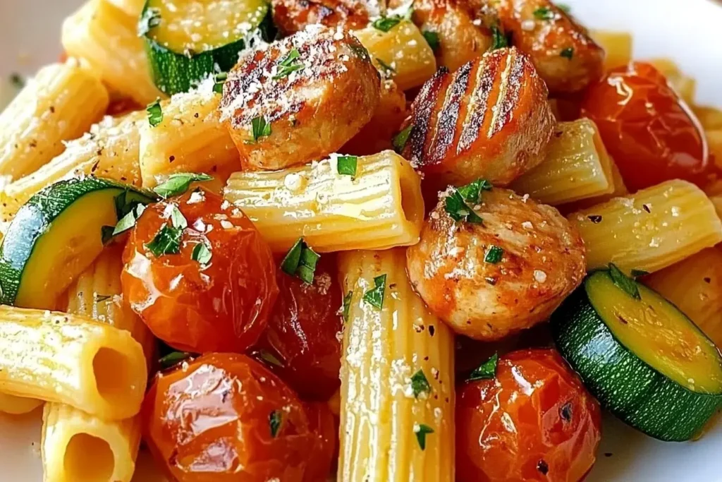 Chicken Sausages with Zucchini Tomatoes and Pasta served with rigatoni, grilled sausage slices, roasted cherry tomatoes, and zucchini