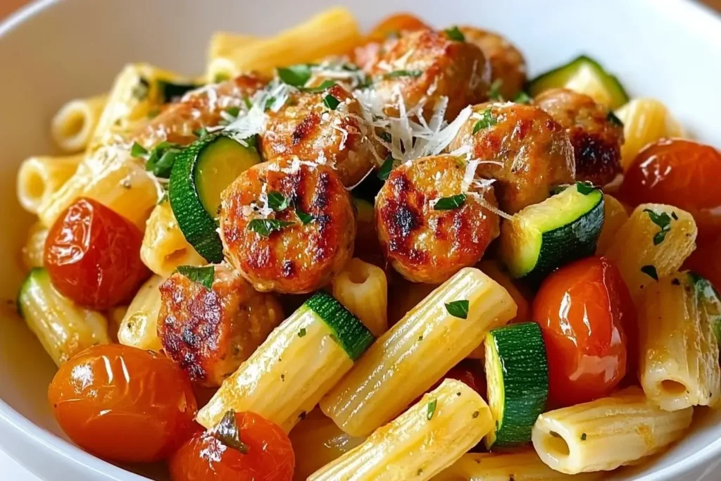 Chicken Sausages with Zucchini Tomatoes and Pasta topped with shredded Parmesan and fresh herbs in a white bowl
