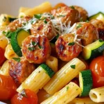 Chicken Sausages with Zucchini Tomatoes and Pasta topped with shredded Parmesan and fresh herbs in a white bowl