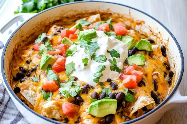 Cheesy Chicken Black Bean Enchilada Skillet topped with sour cream, avocado, and tomatoes in a white skillet.