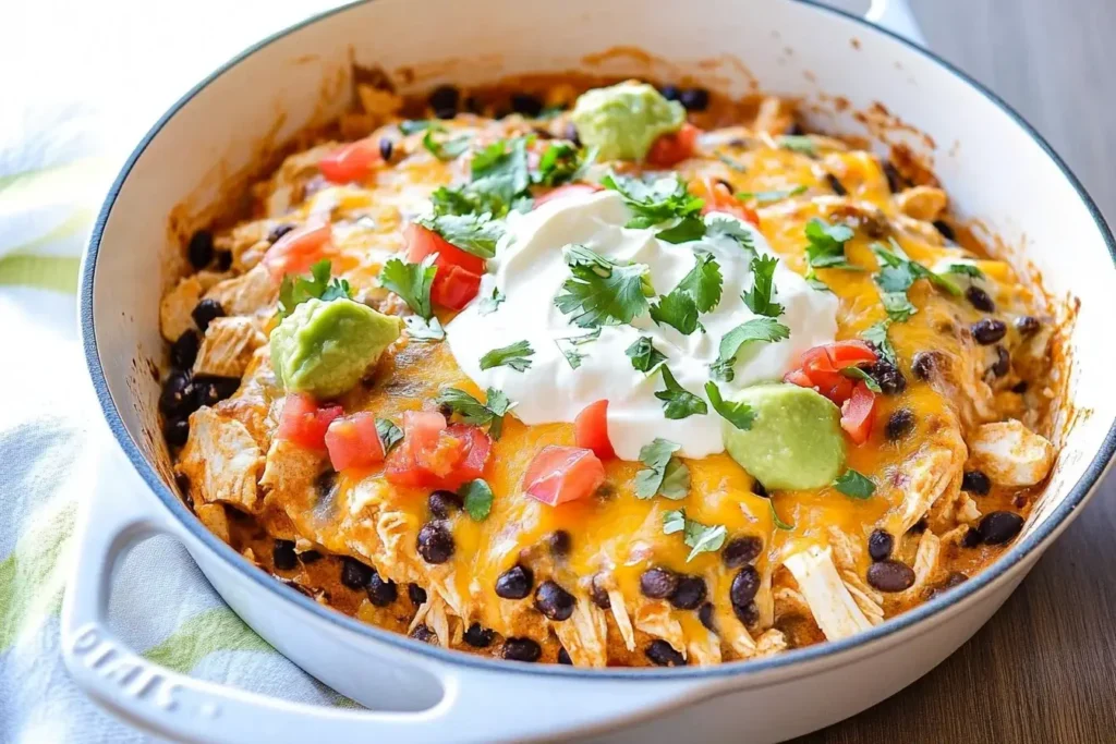 Chicken Black Bean Enchilada Skillet topped with sour cream, guacamole, tomatoes, and fresh cilantro in a white skillet.