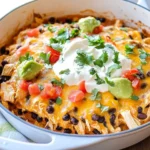 Chicken Black Bean Enchilada Skillet topped with sour cream, guacamole, tomatoes, and fresh cilantro in a white skillet.