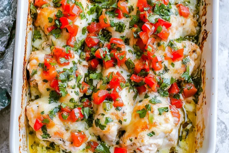 Baked Salsa Fresca Chicken Bake topped with melted mozzarella, fresh tomatoes, and chopped cilantro in a white casserole dish.