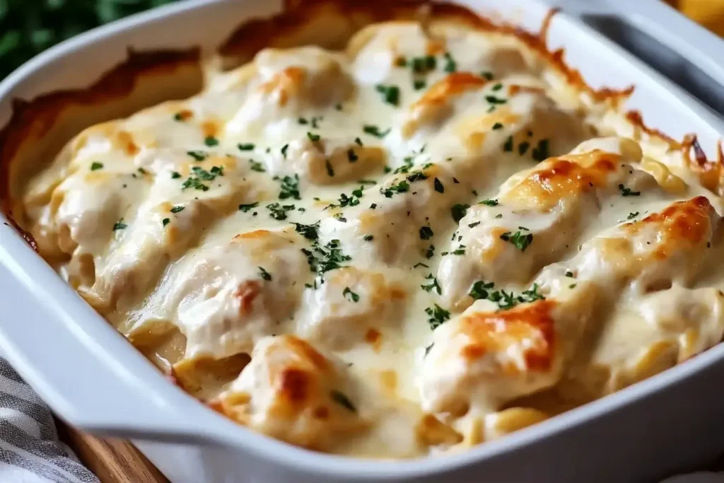 Close-up of Creamy Million Dollar Chicken Casserole with melted cheese and golden cracker topping in a white baking dish.