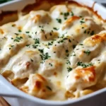 Close-up of Creamy Million Dollar Chicken Casserole with melted cheese and golden cracker topping in a white baking dish.