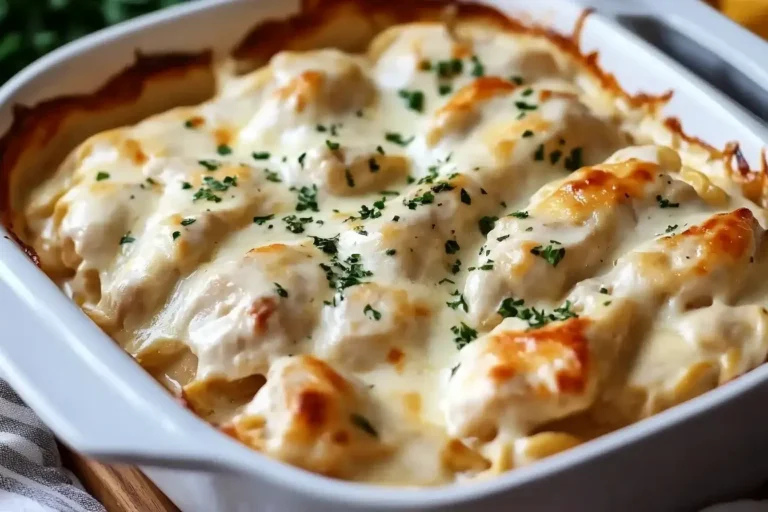 Close-up of Creamy Million Dollar Chicken Casserole with melted cheese and golden cracker topping in a white baking dish.