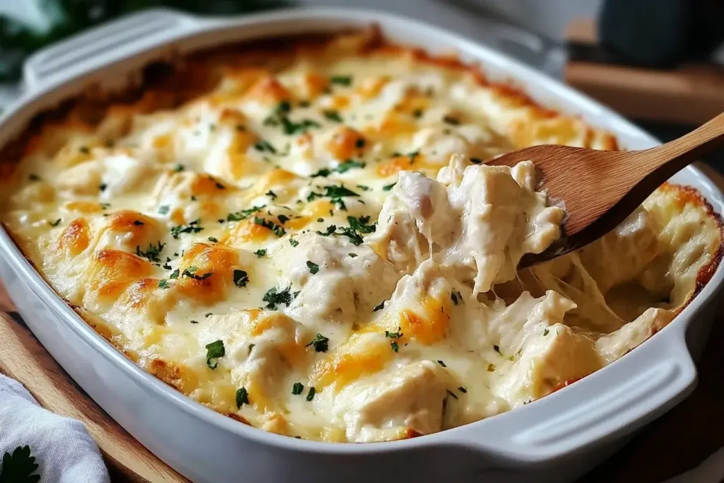 Serving a spoonful of Creamy Million Dollar Chicken Casserole from a bubbling white baking dish with golden cheese topping.
