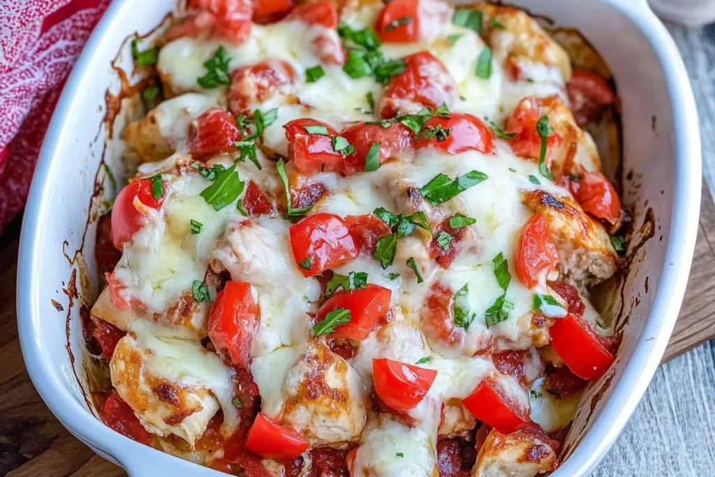 Chicken Bruschetta Casserole baked with melted mozzarella, fresh tomatoes, and basil in a white dish.