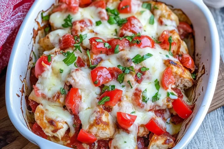 Chicken Bruschetta Casserole baked with melted mozzarella, fresh tomatoes, and basil in a white dish.