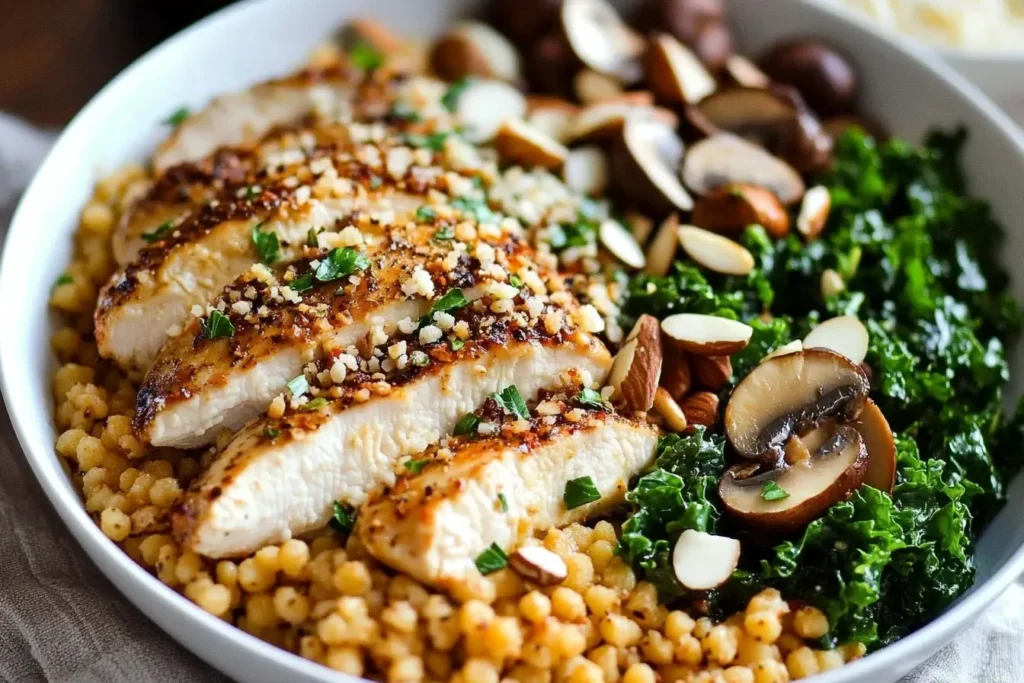 Baked Parmesan Chicken and Couscous served with kale, mushrooms, and almonds in a white bowl