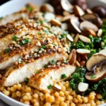 Baked Parmesan Chicken and Couscous served with kale, mushrooms, and almonds in a white bowl