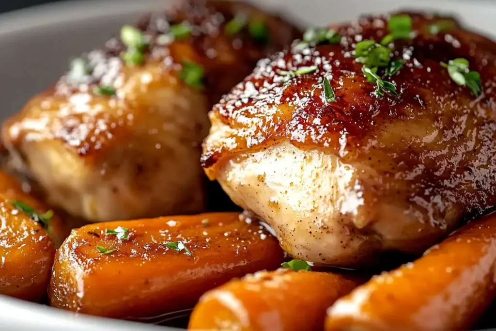 Crispy Brown Sugar Mustard Chicken Thighs with Roasted Carrots on a plate, garnished with herbs.