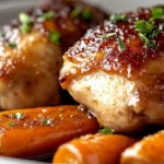 Crispy Brown Sugar Mustard Chicken Thighs with Roasted Carrots on a plate, garnished with herbs.