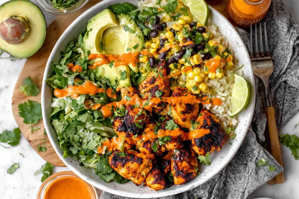 Cilantro Lime Chicken and Rice Bowl with charred chicken, avocado, black beans, corn, cilantro rice, and creamy lime sauce