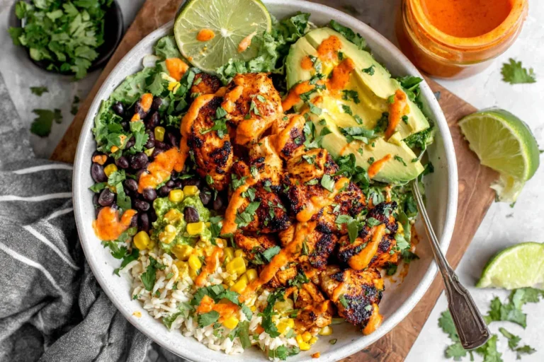 Cilantro Lime Chicken and Rice Bowl with grilled chicken, avocado, black beans, corn, cilantro, and creamy lime sauce
