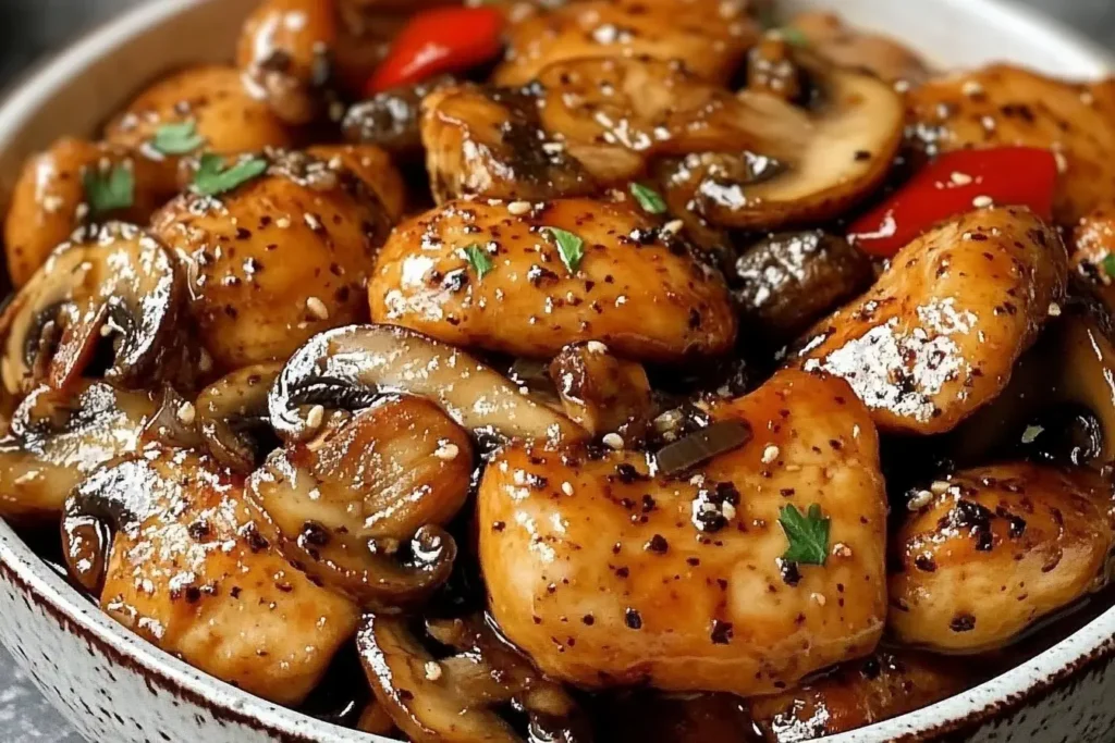 Black Pepper Chicken with Mushrooms and bell peppers in a glossy, savory sauce, garnished with herbs and sesame seeds.