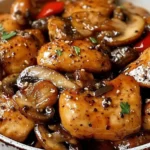 Black Pepper Chicken with Mushrooms and bell peppers in a glossy, savory sauce, garnished with herbs and sesame seeds.