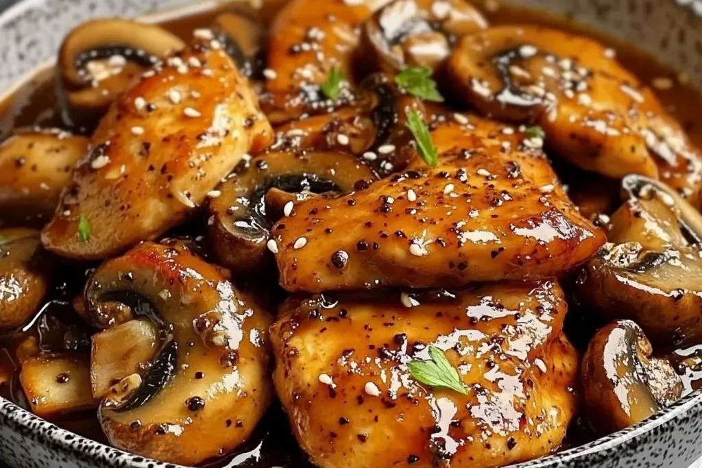 Juicy Black Pepper Chicken with Mushrooms in a savory glaze, garnished with sesame seeds and herbs.