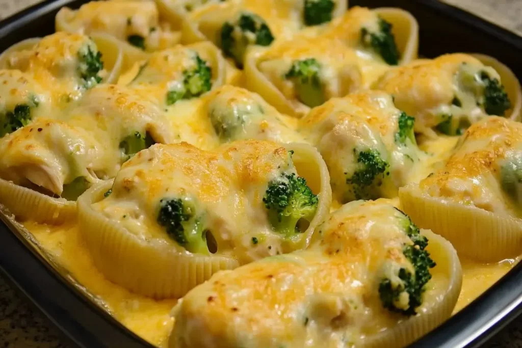 Close-up of Cheesy Chicken and Broccoli Stuffed Shells baked with golden, melted cheese in a casserole dish.