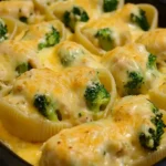 Close-up of Cheesy Chicken and Broccoli Stuffed Shells baked with golden, melted cheese in a casserole dish.