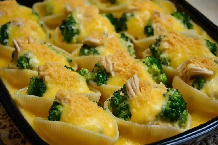 Cheesy Chicken and Broccoli Stuffed Shells baked to golden perfection in a casserole dish.