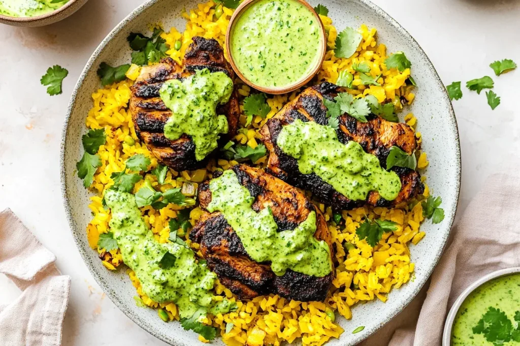 Grilled Peruvian Chicken and Rice with Green Sauce served with extra sauce on yellow rice and garnished with cilantro.