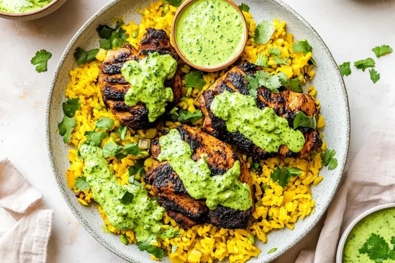 Grilled Peruvian Chicken and Rice with Green Sauce served with extra sauce on yellow rice and garnished with cilantro.