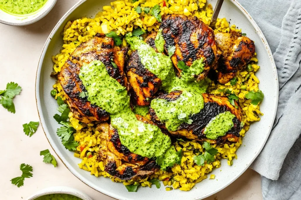 Grilled Peruvian Chicken and Rice with Green Sauce served over yellow rice and topped with creamy cilantro sauce.