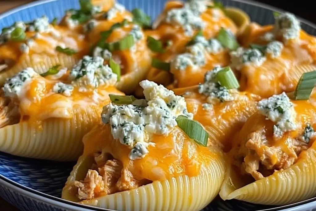 Buffalo Chicken Cheesesteak Stuffed Shells topped with melted cheddar, blue cheese crumbles, and green onions in a blue patterned bowl