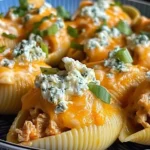 Buffalo Chicken Cheesesteak Stuffed Shells topped with melted cheddar, blue cheese crumbles, and green onions in a blue patterned bowl