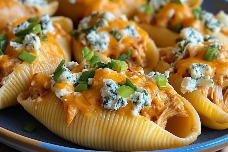 Buffalo Chicken Cheesesteak Stuffed Shells filled with shredded chicken, melted cheese, blue cheese crumbles, and green onions on a plate