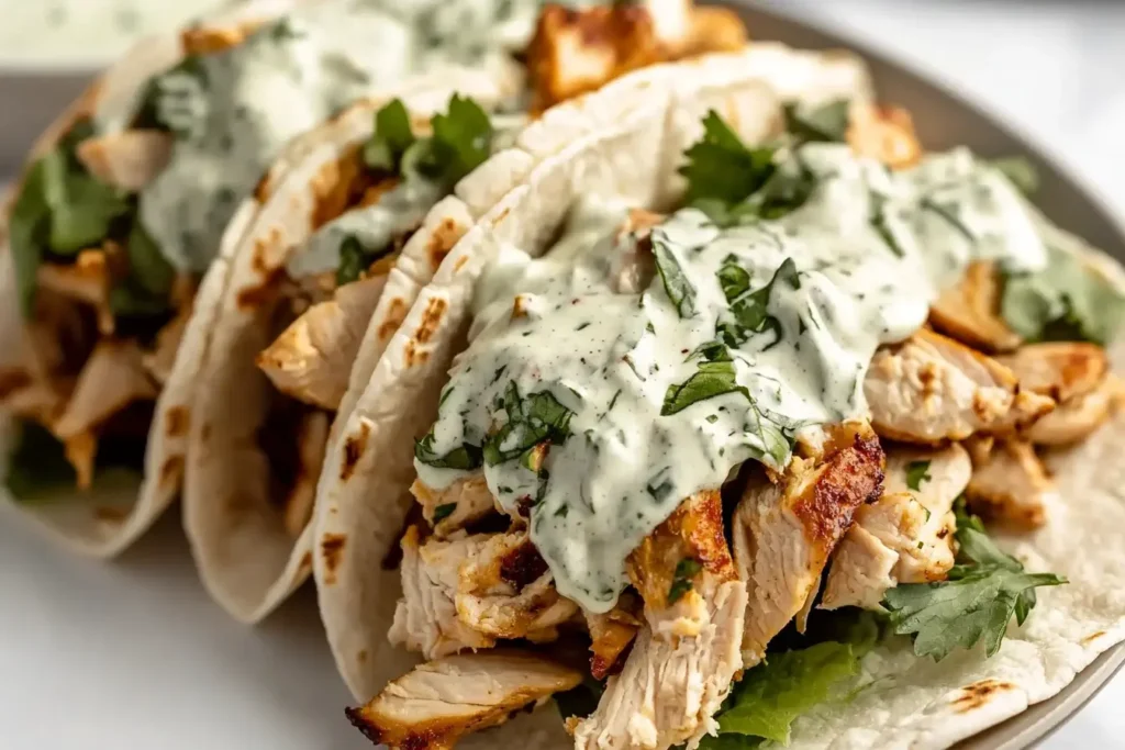 Close-up of Shredded Chicken Tacos with Creamy Chimichurri Sauce topped with herbs on warm tortillas