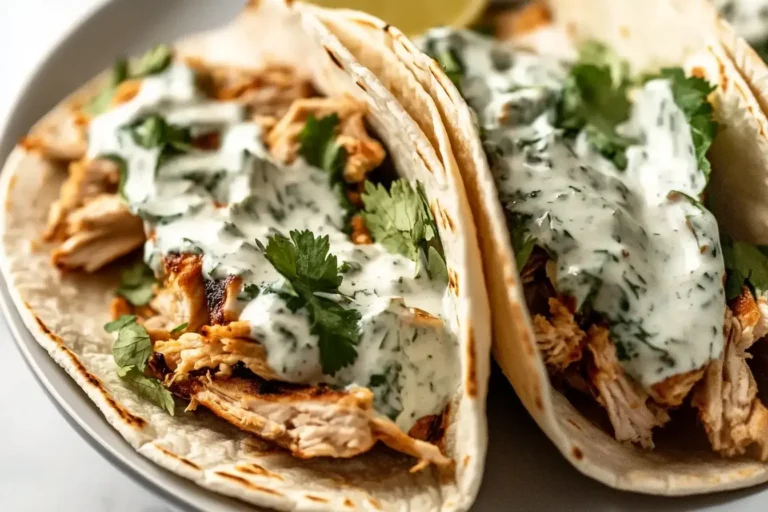 Shredded Chicken Tacos with Creamy Chimichurri Sauce topped with fresh cilantro on soft flour tortillas