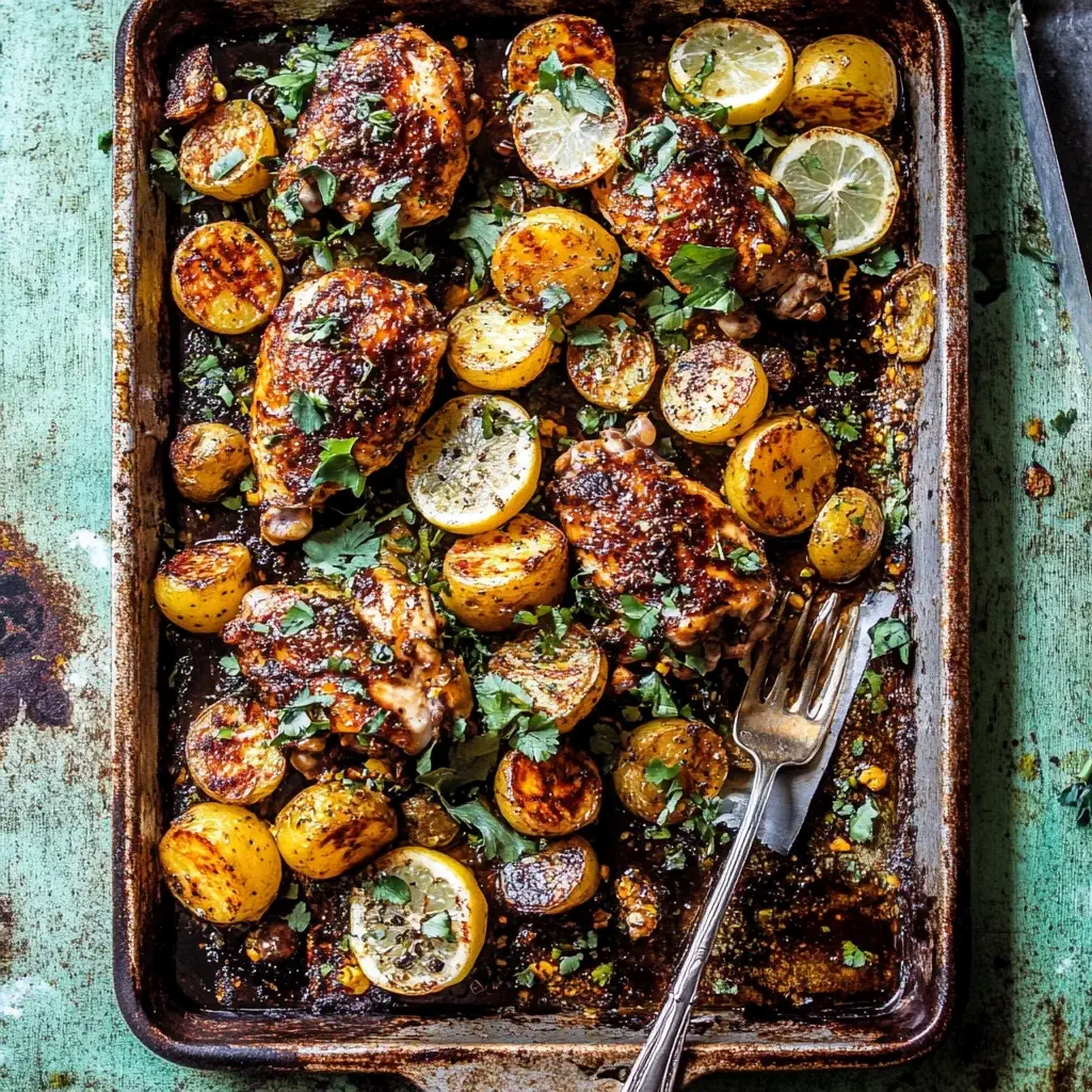 Sheet pan of Lemon Balsamic Chicken and Potatoes with golden baby potatoes, herbs, and caramelized lemon slices