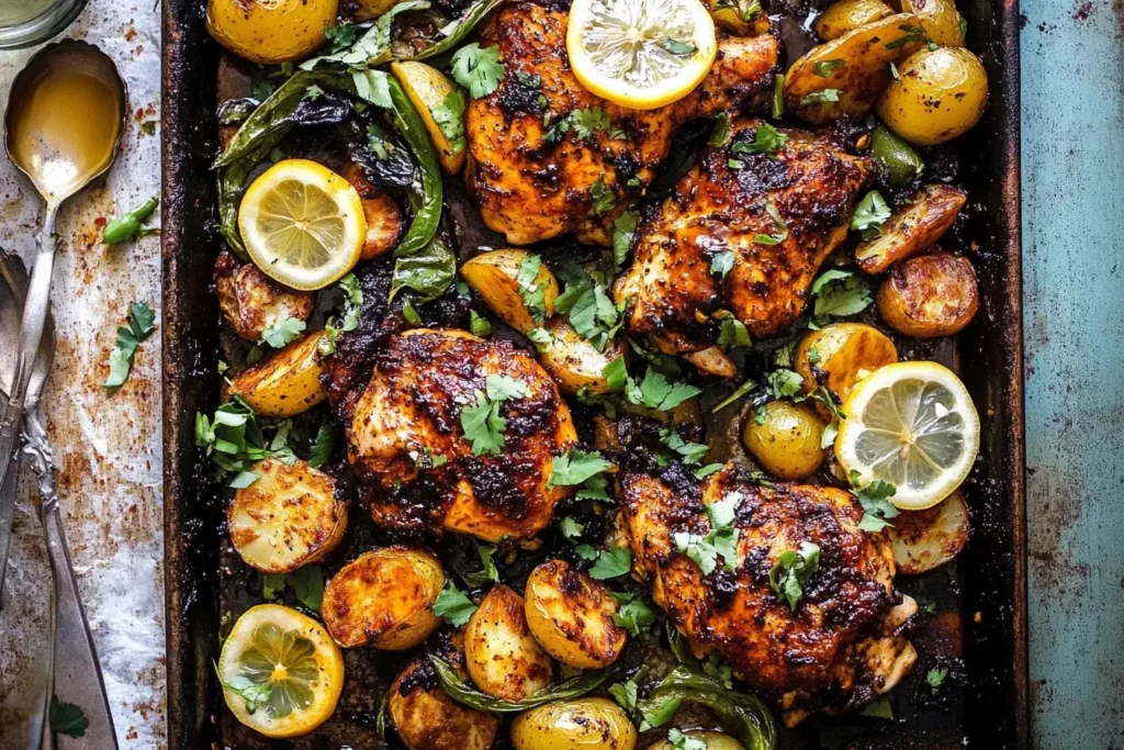 Sheet pan of Lemon Balsamic Chicken and Potatoes with roasted baby potatoes, lemon slices, and herbs