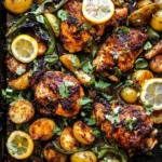 Sheet pan of Lemon Balsamic Chicken and Potatoes with roasted baby potatoes, lemon slices, and herbs